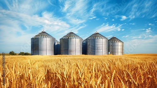 Grain silos in wheat field with blue sky and white clouds