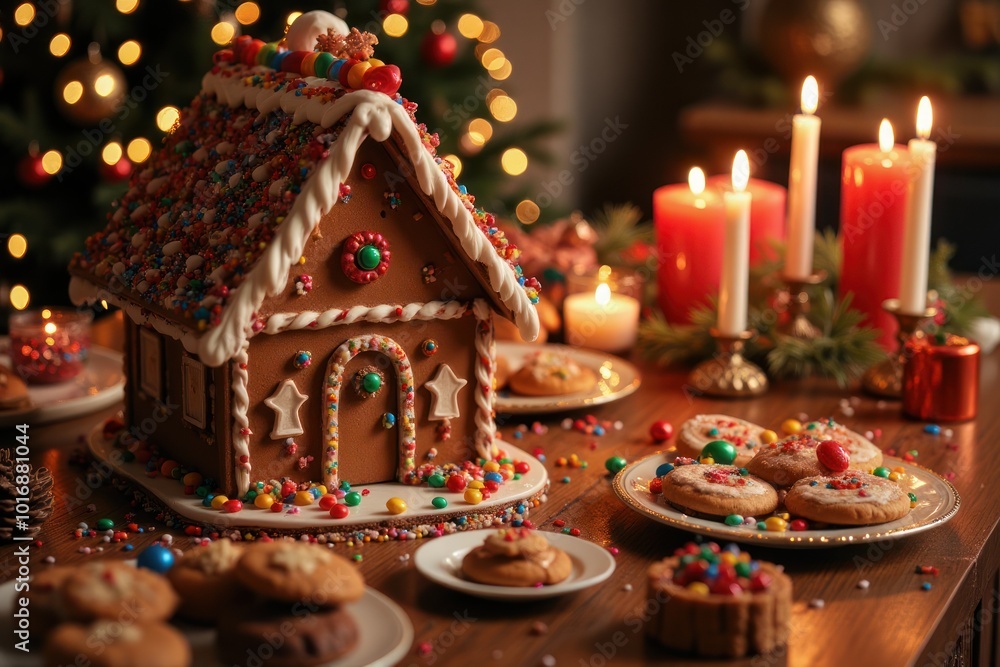 A festive gingerbread house surrounded by decorated cookies and candles during a cozy holiday gathering A festive gingerbread house surrounded by decorated cookies and candles during a cozy holiday gathering