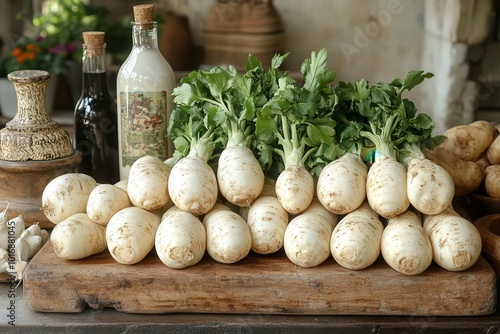 fresh jerusalem artichokes arranged artfully on a rustic wooden serving board earthy tones and textures highlighting their natural beauty soft natural light creating an inviting culinary scene