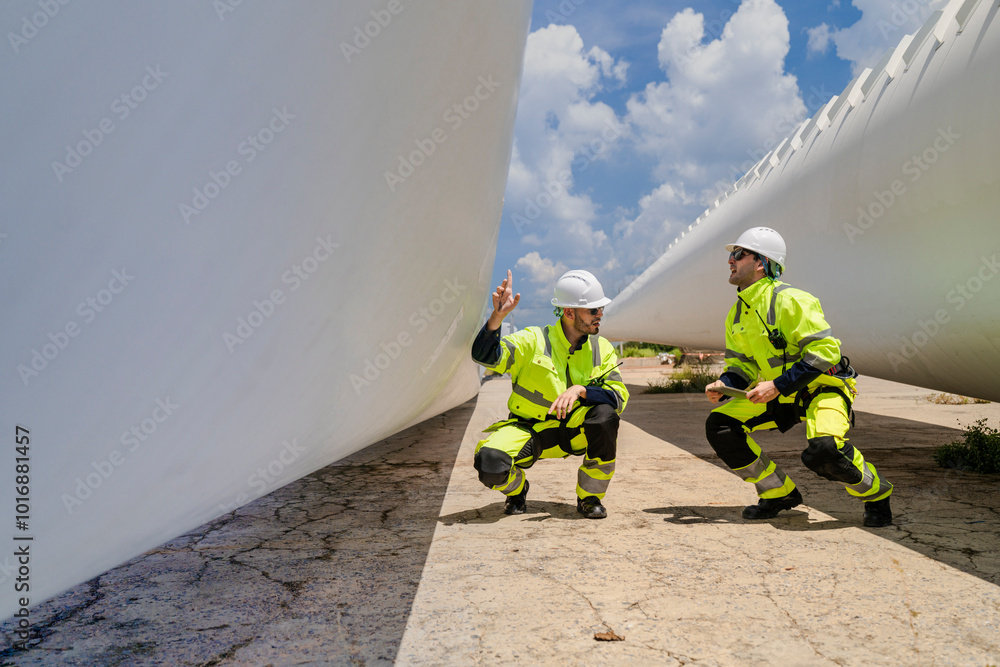 engineers in high visibility safety gear conduct a detailed inspection of a wind turbine blade at a construction site. The massive blade lays on the ground, highlighting renewable energy technology. engineers in high visibility safety gear conduct a detailed inspection of a wind turbine blade at a construction site. The massive blade lays on the ground, highlighting renewable energy technology.