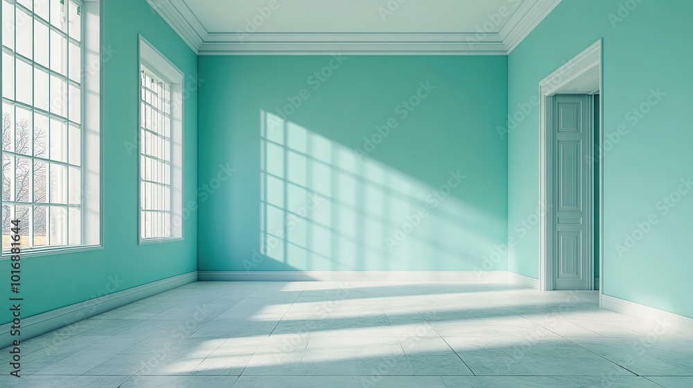 Obraz premium Empty room with mint green walls and sunlight streaming through the window