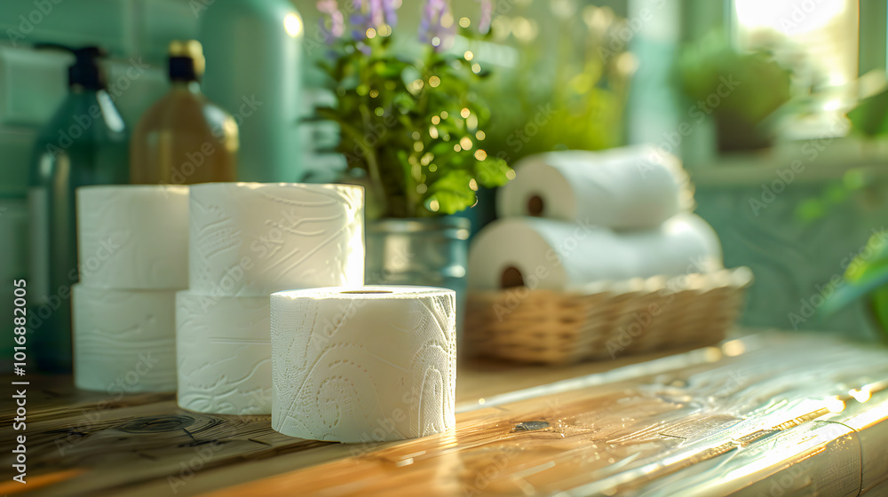 Toilet paper rolls on table close up view Toilet paper rolls on table close up view