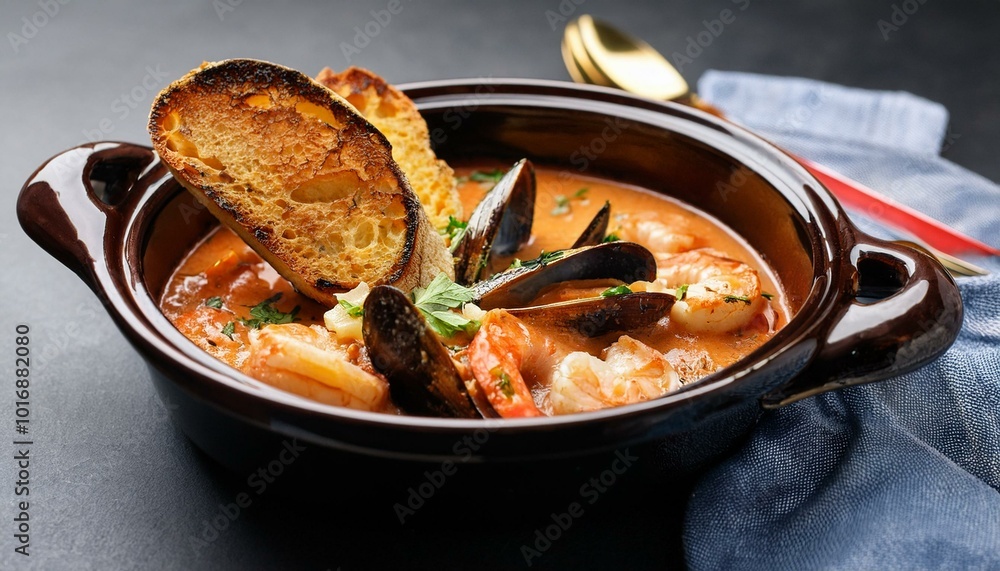 A French gourmet dish with bouillabaisse and toasted baguette crostini with rouille A French gourmet dish with bouillabaisse and toasted baguette crostini with rouille