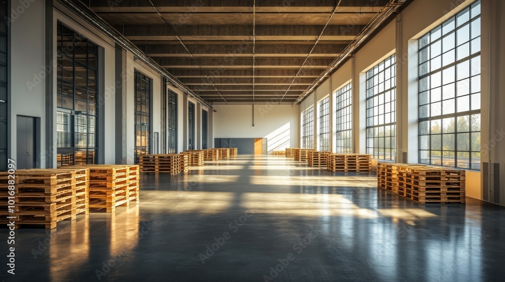 Empty warehouse with sunlight streaming through large industrial windows and wooden pallets Empty warehouse with sunlight streaming through large industrial windows and wooden pallets