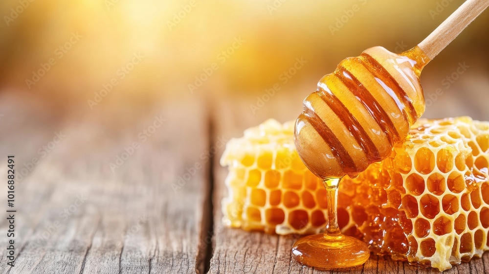 Closeup of Honey Extract on Natural Wooden Surface Closeup of Honey Extract on Natural Wooden Surface