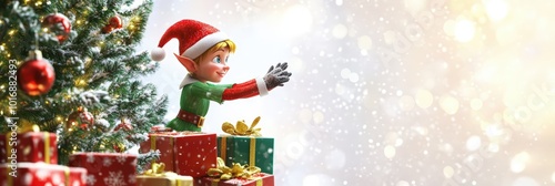 Cheerful Elf Placing Presents Under Christmas Tree