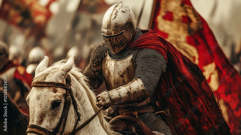 Obraz premium Intense Medieval Knight Close-Up on Horseback