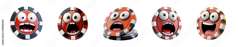 Fototapeta premium Five poker chips, each displaying a surprised expression, are arranged in a playful manner, isolated on a transparent background.