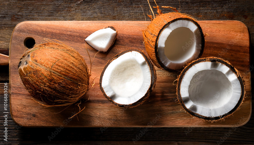 Coconut half with slice and piece on a wooden cutting board, isolated against a wooden background Coconut half with slice and piece on a wooden cutting board, isolated against a wooden background