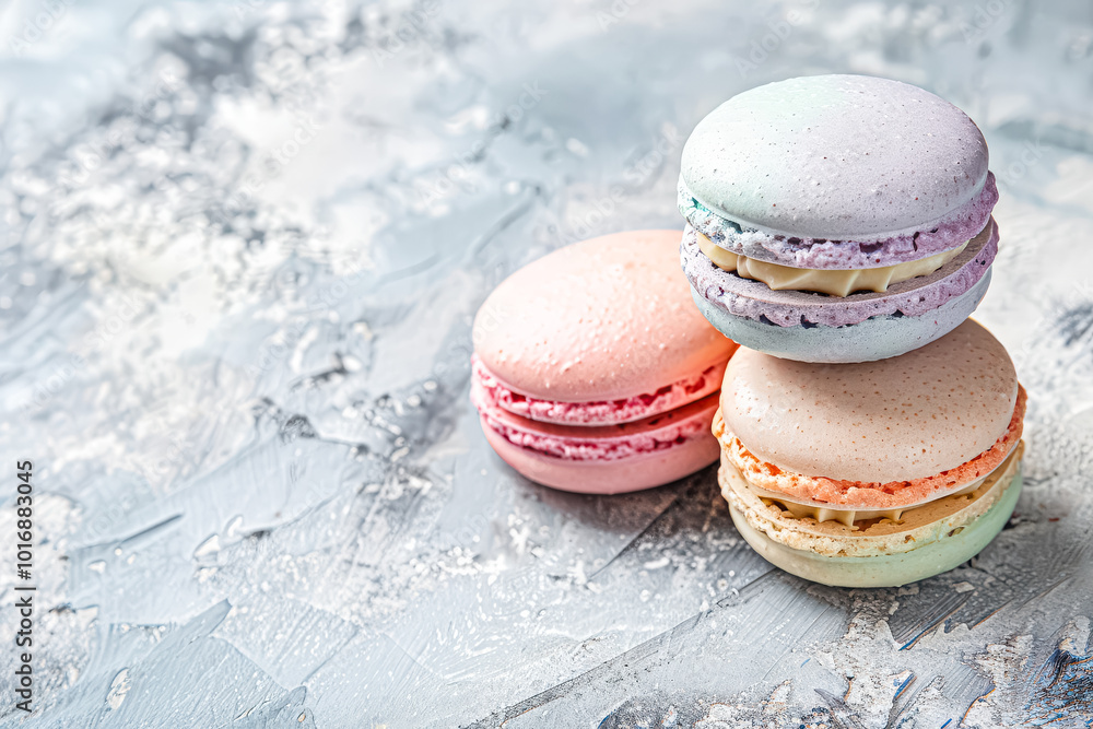 Obraz premium Three colorful macarons stacked on top of each other on a grey background