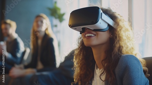 Virtual reality experience with smiling woman