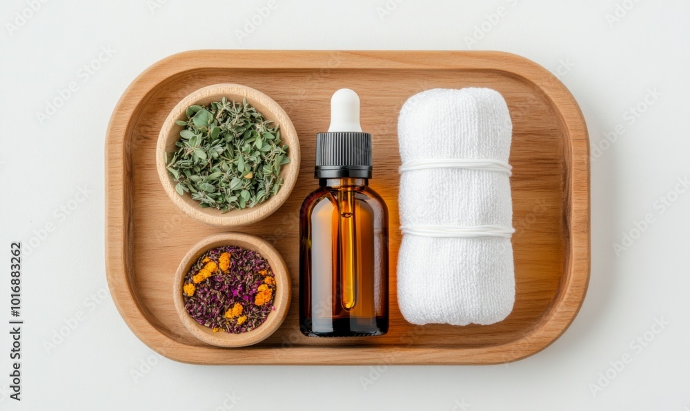 Essential Oil and Dried Herbs in Wooden Bowls. Essential Oil and Dried Herbs in Wooden Bowls.