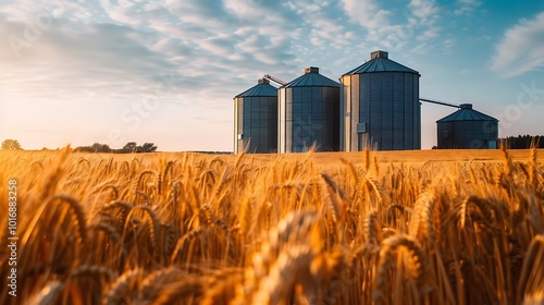 Silos in a wheat field at sunset. Agriculture and farming concept