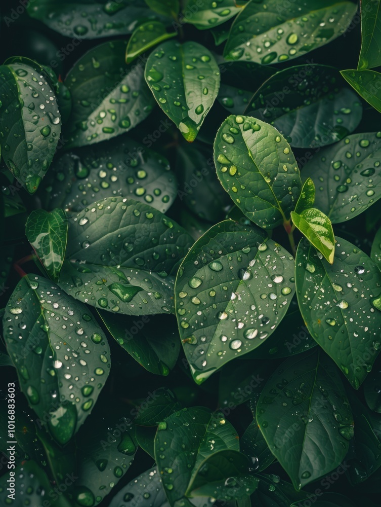 Fototapeta premium Close-up of green leaves with water droplets after rainfall