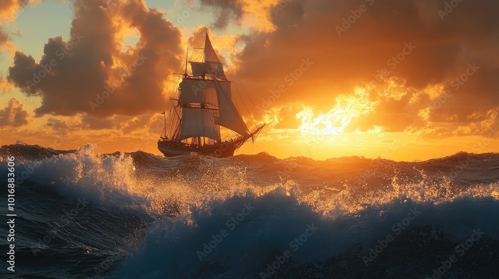 Fototapeta premium A sailing ship faces a fierce storm at sea, with heavy clouds and crashing waves against the backdrop of a stunning orange sunset.