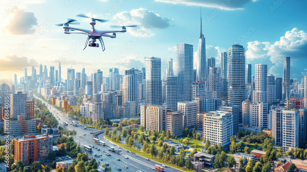 AI controlling smart city, with autonomous vehicles, drones, and smart homes AI controlling smart city, with autonomous vehicles, drones, and smart homes