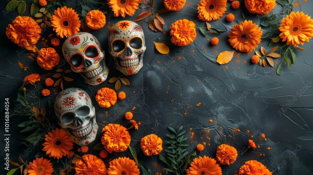 Festive Halloween Background With Skulls and Vibrant Autumn Festive Halloween Background With Skulls and Vibrant Autumn