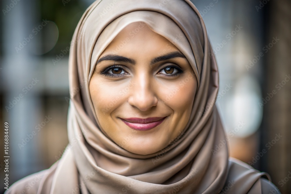 Smiling woman in hijab close-up portrait with warm expression Smiling woman in hijab close-up portrait with warm expression