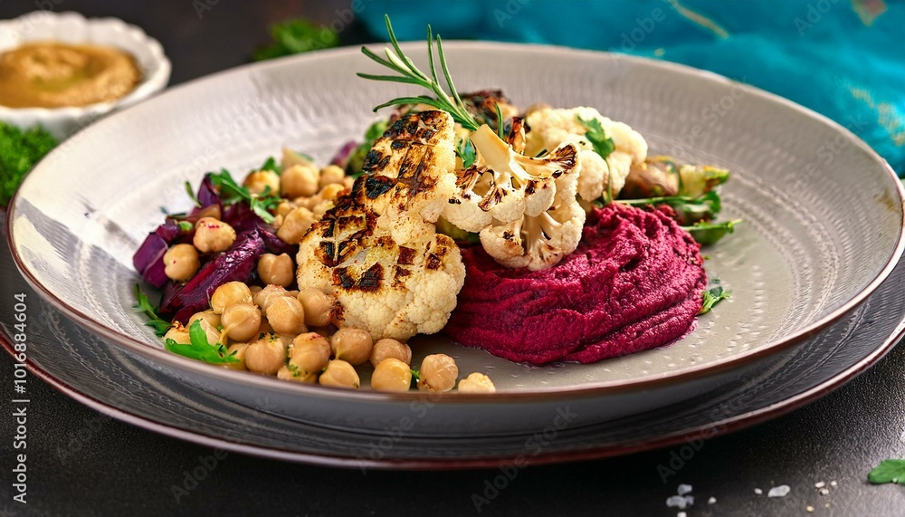 A vegan gourmet dish with grilled cauliflower, hummus and a beet-chickpea salad