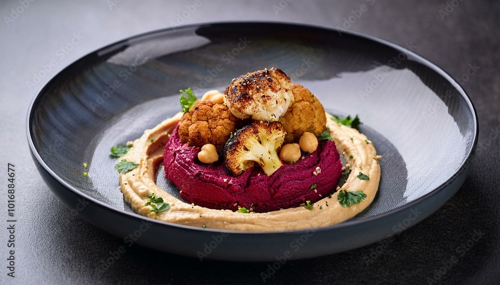 A vegan gourmet dish with grilled cauliflower, hummus and a beet-chickpea salad A vegan gourmet dish with grilled cauliflower, hummus and a beet-chickpea salad