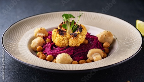 A vegan gourmet dish with grilled cauliflower, hummus and a beet-chickpea salad