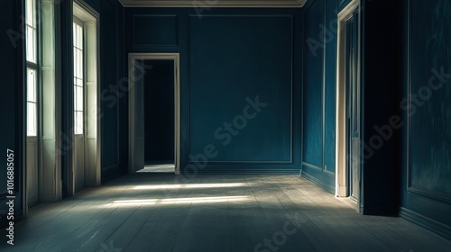 Empty dark blue hallway with sunlight streaming through windows, door open leading to another room, minimalism, interior design concept