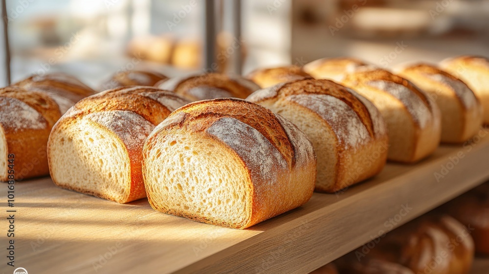 Freshly baked artisan bread loaves on wooden shelf in bakery with warm sunlight Freshly baked artisan bread loaves on wooden shelf in bakery with warm sunlight