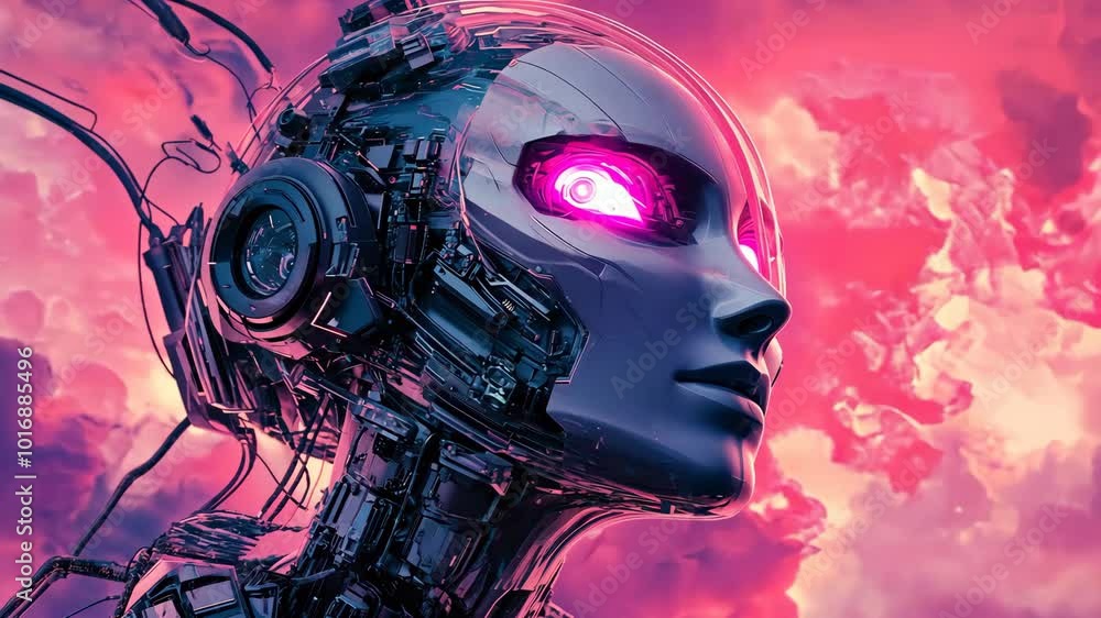 A futuristic robot with glowing pink eyes looks up at the cloudy sky A futuristic robot with glowing pink eyes looks up at the cloudy sky