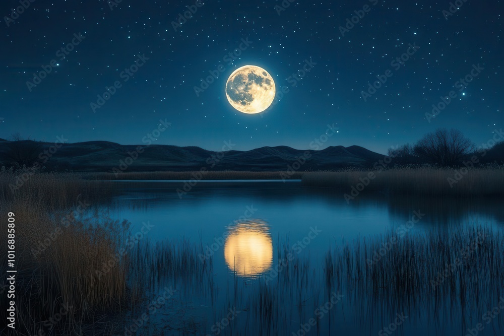 Fototapeta premium full moon illuminating the tranquil waters of a serene lake at night casting a silver glow across the landscape stars twinkle in the vast sky enhancing the peaceful ambiance