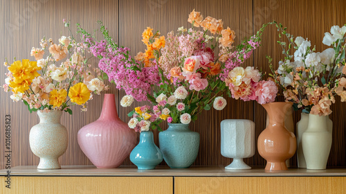 Wallpaper Mural Colorful vases adorned with fresh flowers arranged on a wooden shelf in a bright interior space Torontodigital.ca