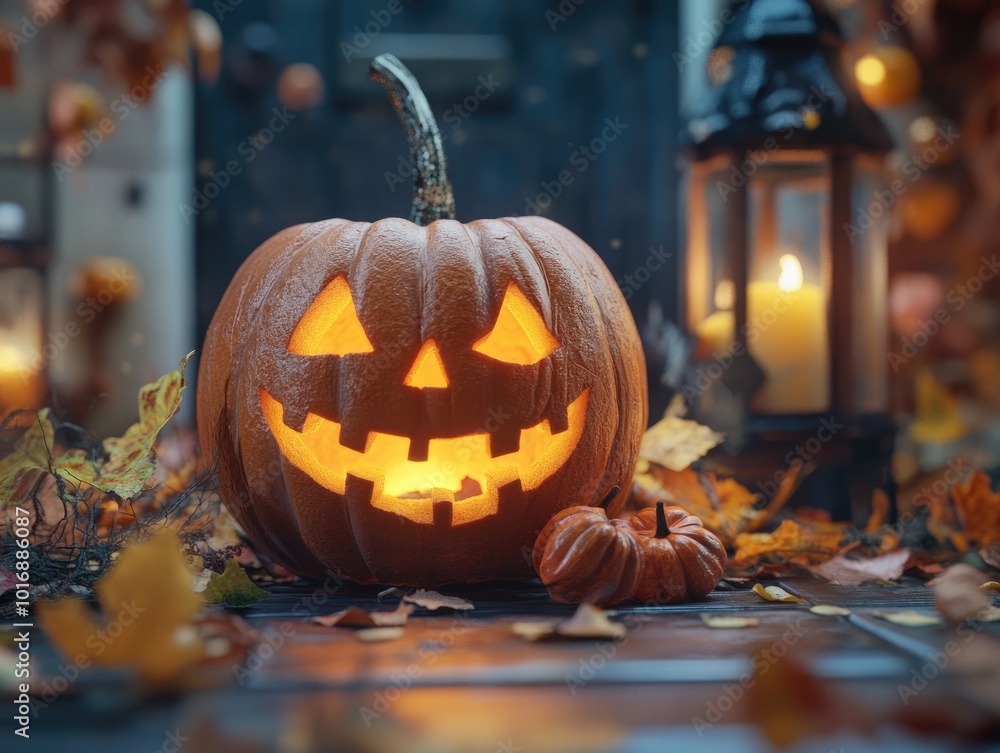 Halloween pumpkin scene with carved jack o lantern and decorations Halloween pumpkin scene with carved jack o lantern and decorations