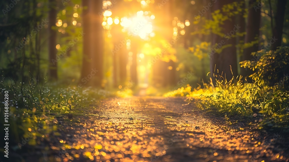 Sunset or sunrise in a summer forest with trees and grass Sunset or sunrise in a summer forest with trees and grass
