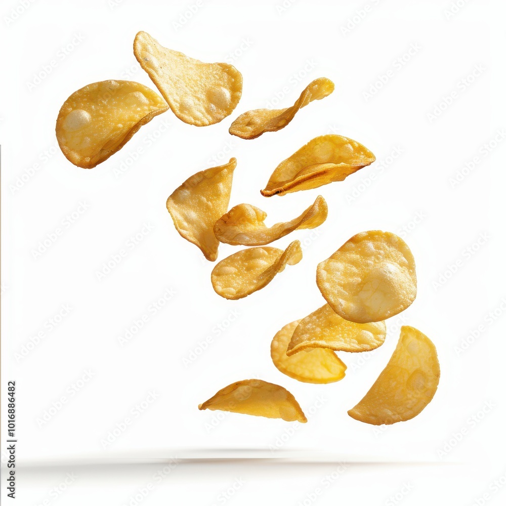 Potato chips falling isolated on white background Potato chips falling isolated on white background
