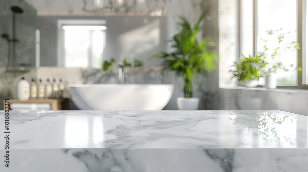 White marble countertop in modern bathroom with green plants White marble countertop in modern bathroom with green plants