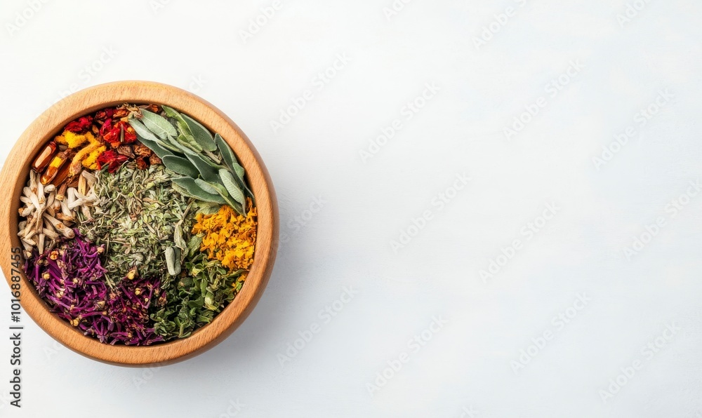 Dried Herbs in Wooden Bowl on White Background. Dried Herbs in Wooden Bowl on White Background.