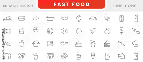 Fast Food line icon set. Takeaway food, junk food, fast food, takeout food, street food, burger, restaurants, fruits, fast food, burger, pizza, coffee, sandwich line icon set. UI thin line icon