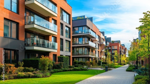 New modern block of flats in green area. residential apartment with flat buildings exterior. luxury house complex. Part of City Real estate property, condo architecture. apartment insurance concept