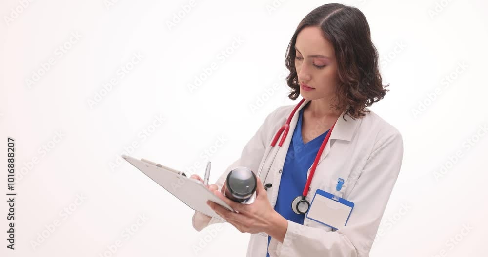 Woman doctor holds clipboard putting stamp on papers against white. Female medic in uniform prepares prescription for patient in clinic Woman doctor holds clipboard putting stamp on papers against white. Female medic in uniform prepares prescription for patient in clinic