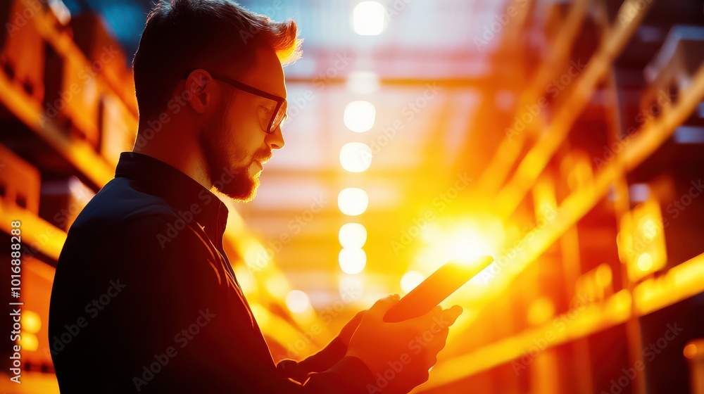 Silhouette of a Man Using a Tablet in Warm Lighting Silhouette of a Man Using a Tablet in Warm Lighting