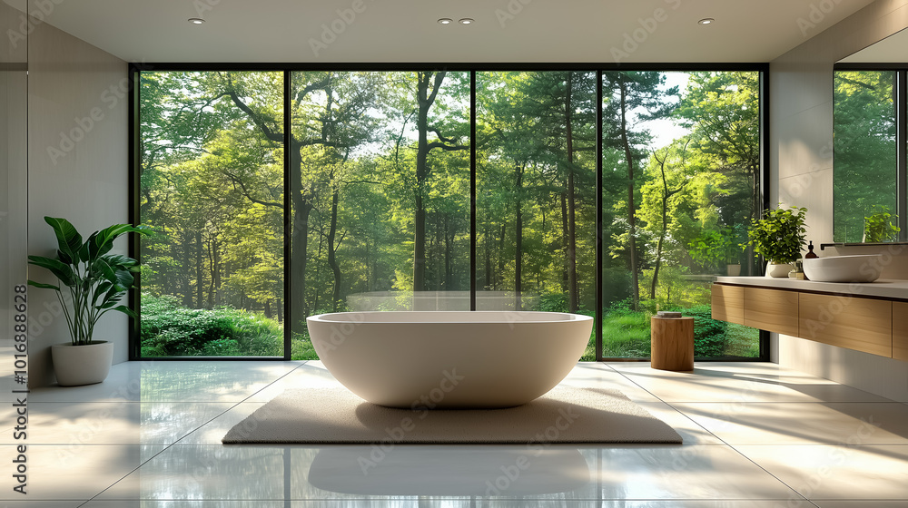 Bright and spacious bathroom in a minimalist style. Design interest of the bathroom. Generative AI Bright and spacious bathroom in a minimalist style. Design interest of the bathroom. Generative AI