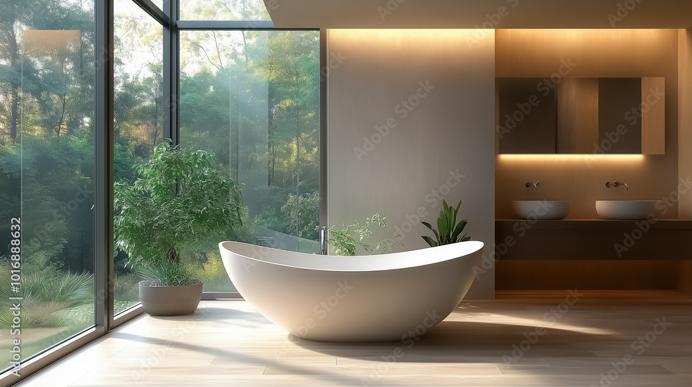 Bright and spacious bathroom in a minimalist style. Design interest of the bathroom. Generative AI Bright and spacious bathroom in a minimalist style. Design interest of the bathroom. Generative AI