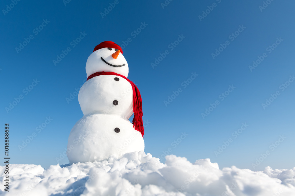 Obraz premium Snowman in stylish red hat and red scarf on snowy field. Blue sky on background