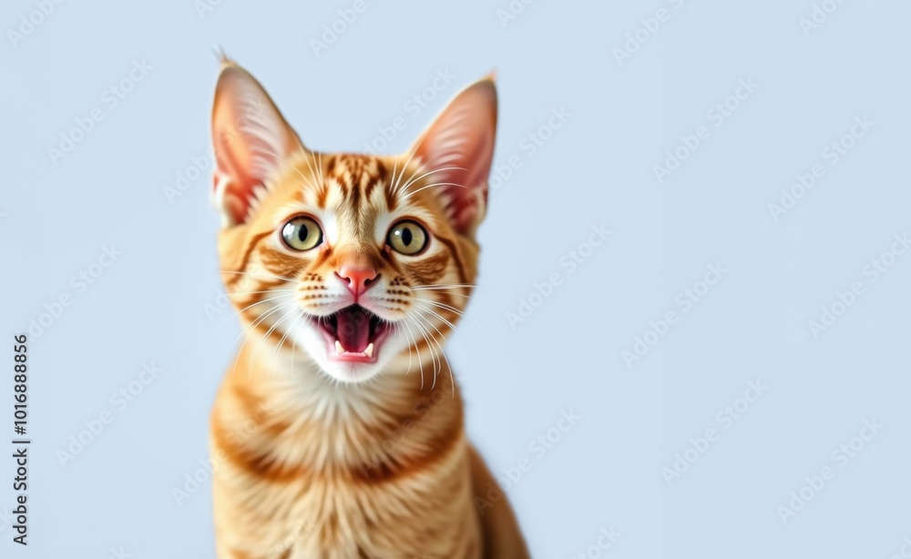 Ginger Kitten with Striped Fur Meowing, Isolated on Light Blue Background with Copy Space Ginger Kitten with Striped Fur Meowing, Isolated on Light Blue Background with Copy Space