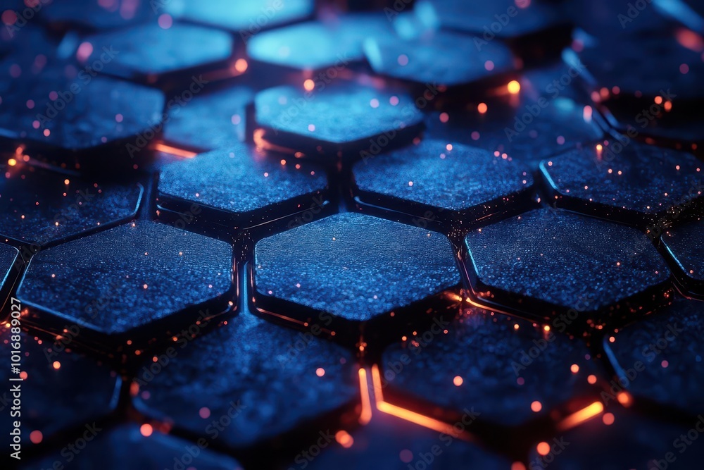 futuristic abstract composition of glowing blue hexagons creating depth and dimension neon light accents against dark background evoke a hightech scifi atmosphere futuristic abstract composition of glowing blue hexagons creating depth and dimension neon light accents against dark background evoke a hightech scifi atmosphere