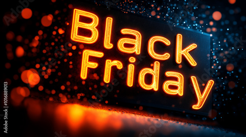 Black Friday sale banner with glowing red text on dark background, dynamic promotional design for retail discounts, special offers and shopping events