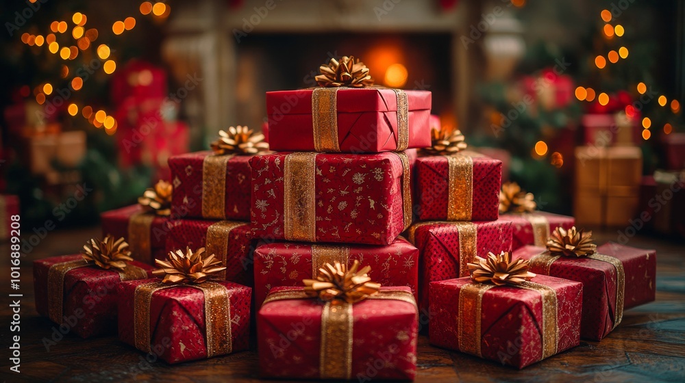 A festive arrangement of red and gold wrapped presents in a cozy, warmly lit setting, evoking a joyful holiday atmosphere. A festive arrangement of red and gold wrapped presents in a cozy, warmly lit setting, evoking a joyful holiday atmosphere.