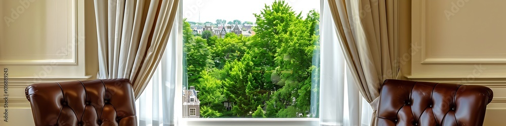 Obraz premium White curtains on window, brown leather chair, green trees outside, Dutch cityscape, beige walls.