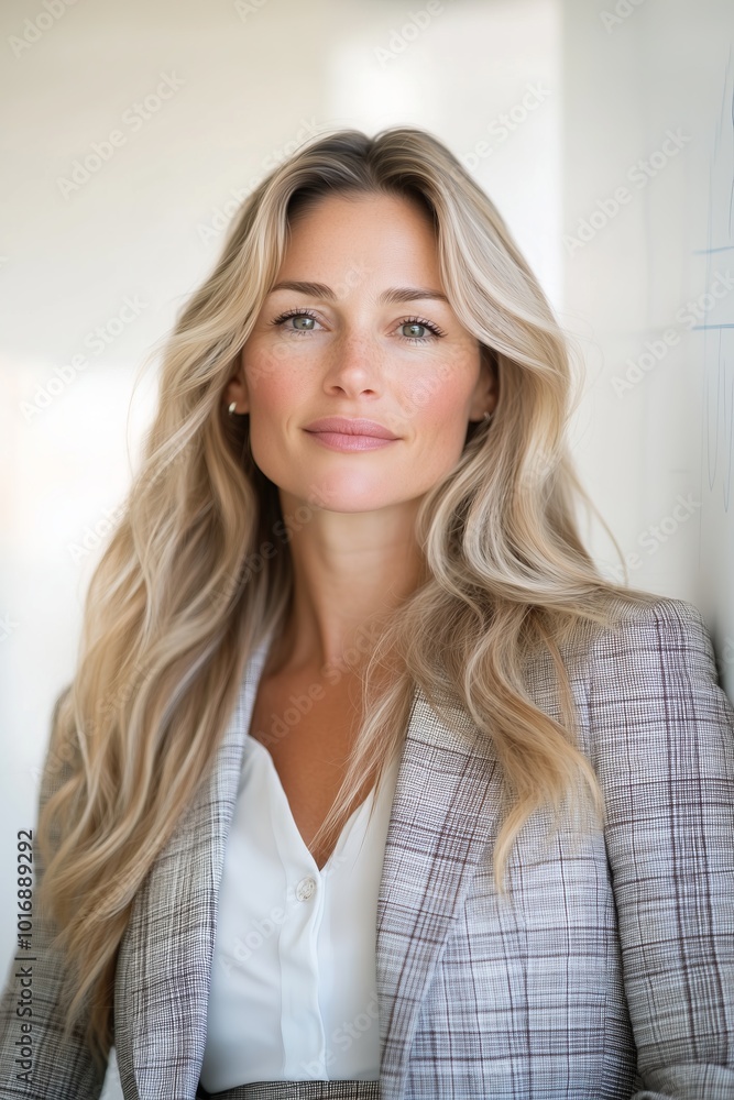 middle aged white woman with long blonde hair, wearing a checkered pencil skirt and a tailored blazer, standing by a large whiteboard in a collaborative meeting space middle aged white woman with long blonde hair, wearing a checkered pencil skirt and a tailored blazer, standing by a large whiteboard in a collaborative meeting space