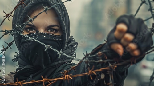 Young woman in black scarf and mask on the street with barbed wire