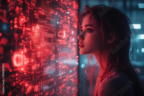 futuristic ai chatbot interface holographic projection glowing circuit patterns sleek design human silhouette for scale techoriented atmosphere photo